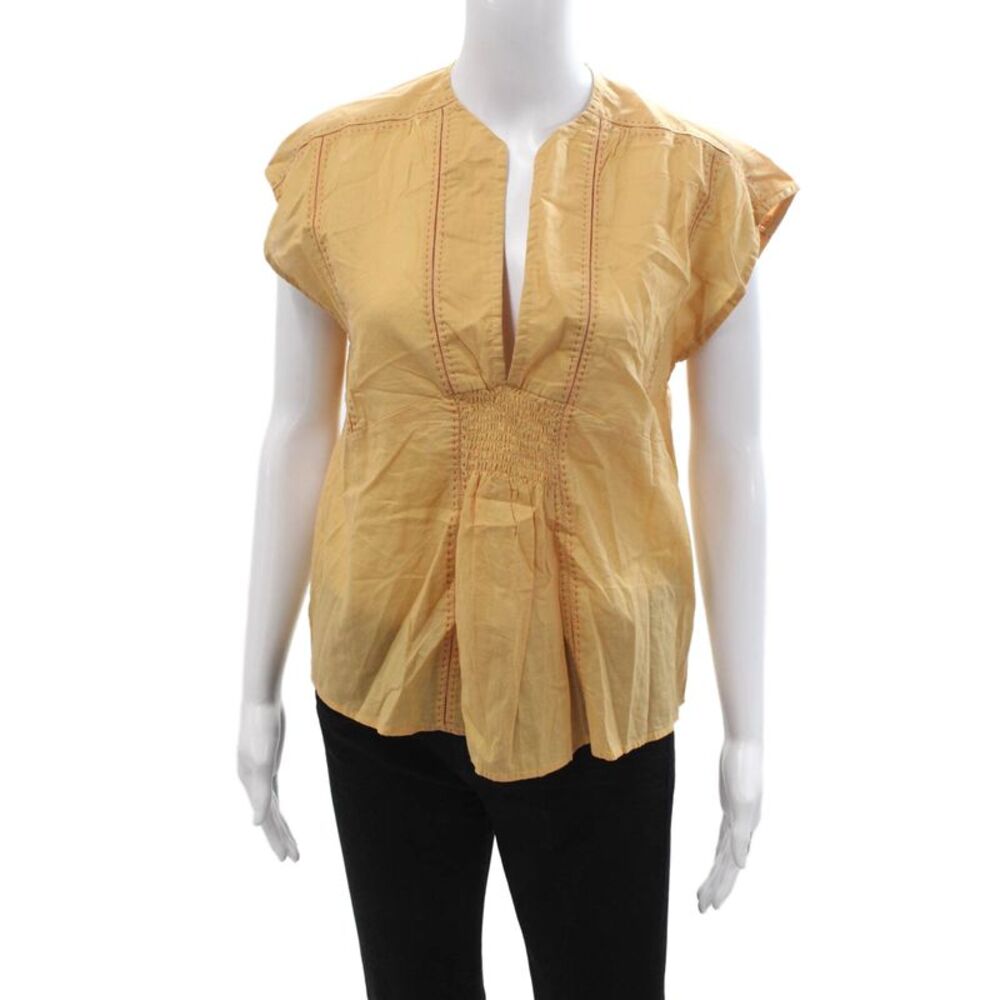 Kerry Cassill Women Bohemian Tunic Blouse Yellow Cotton Drawstring Size S